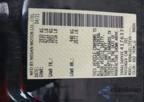 2015 Nissan Altima 2.5/2.5 S/2.5 Sl/2.5 Sv from USA, damaged, VIN 1N4AL3APXFC417633